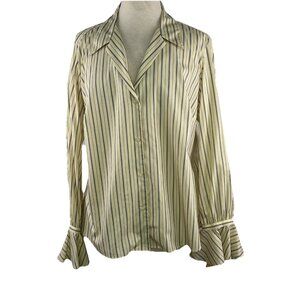 Lauren Ralph Lauren 1X Dobby Striped Cotton Button Up Blouse Beige Blue Ruffles